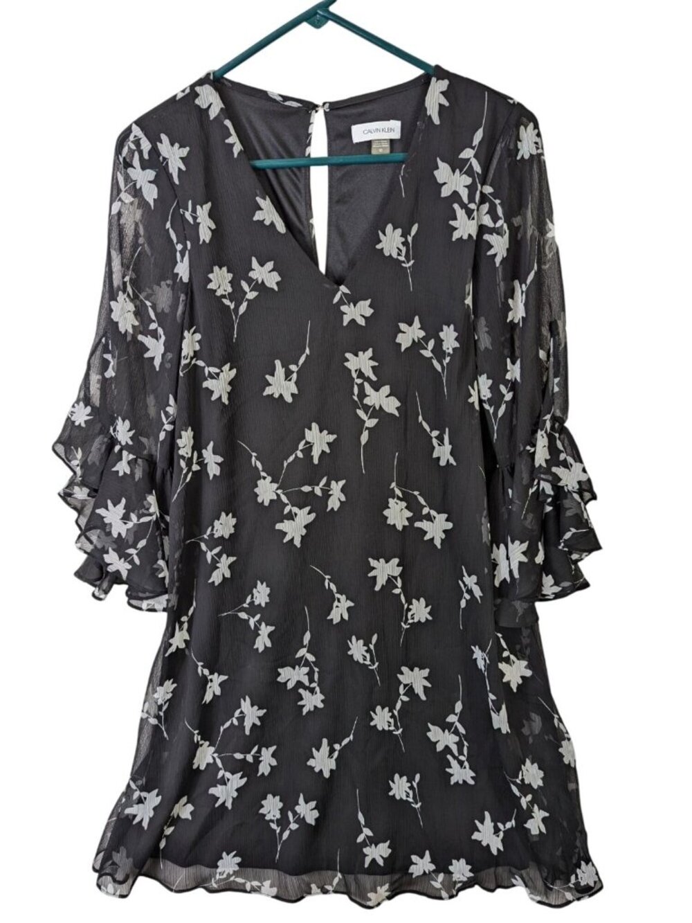 CALVIN KLEIN size 10 Shift Dress Black Chiffon Floral Ruffle Sleeve Goth Boho